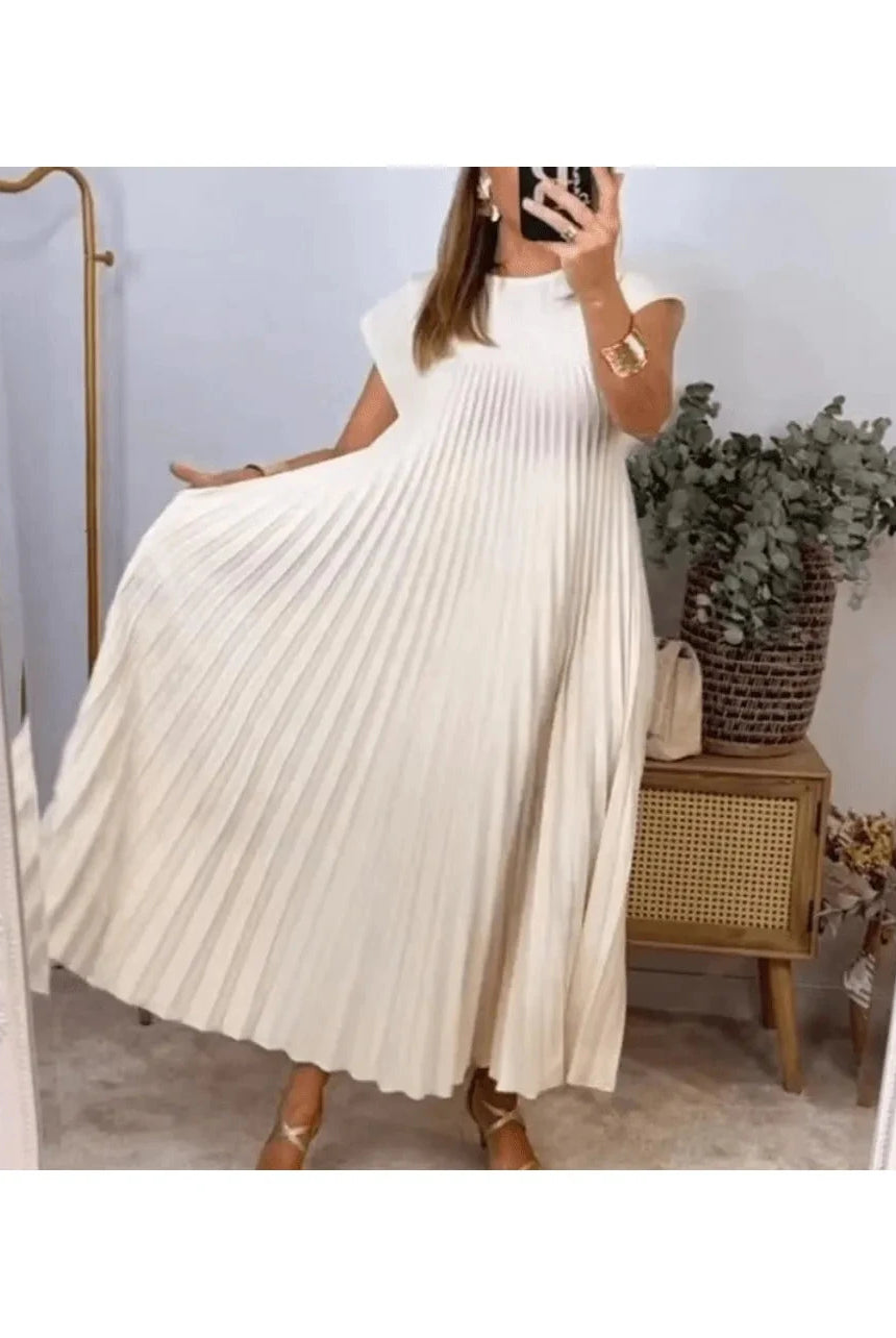 Beige Honorine elegant classy dress by Lumina Wear, featuring a sophisticated fit and stylish design, showcased on a model.