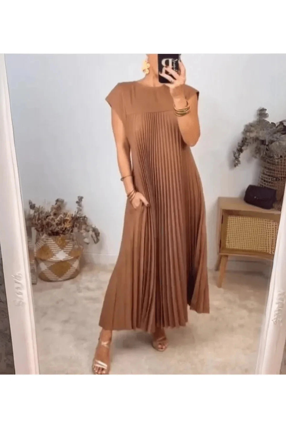 Beige Honorine elegant classy dress by Lumina Wear, featuring a sophisticated design, displayed on a hanger.
