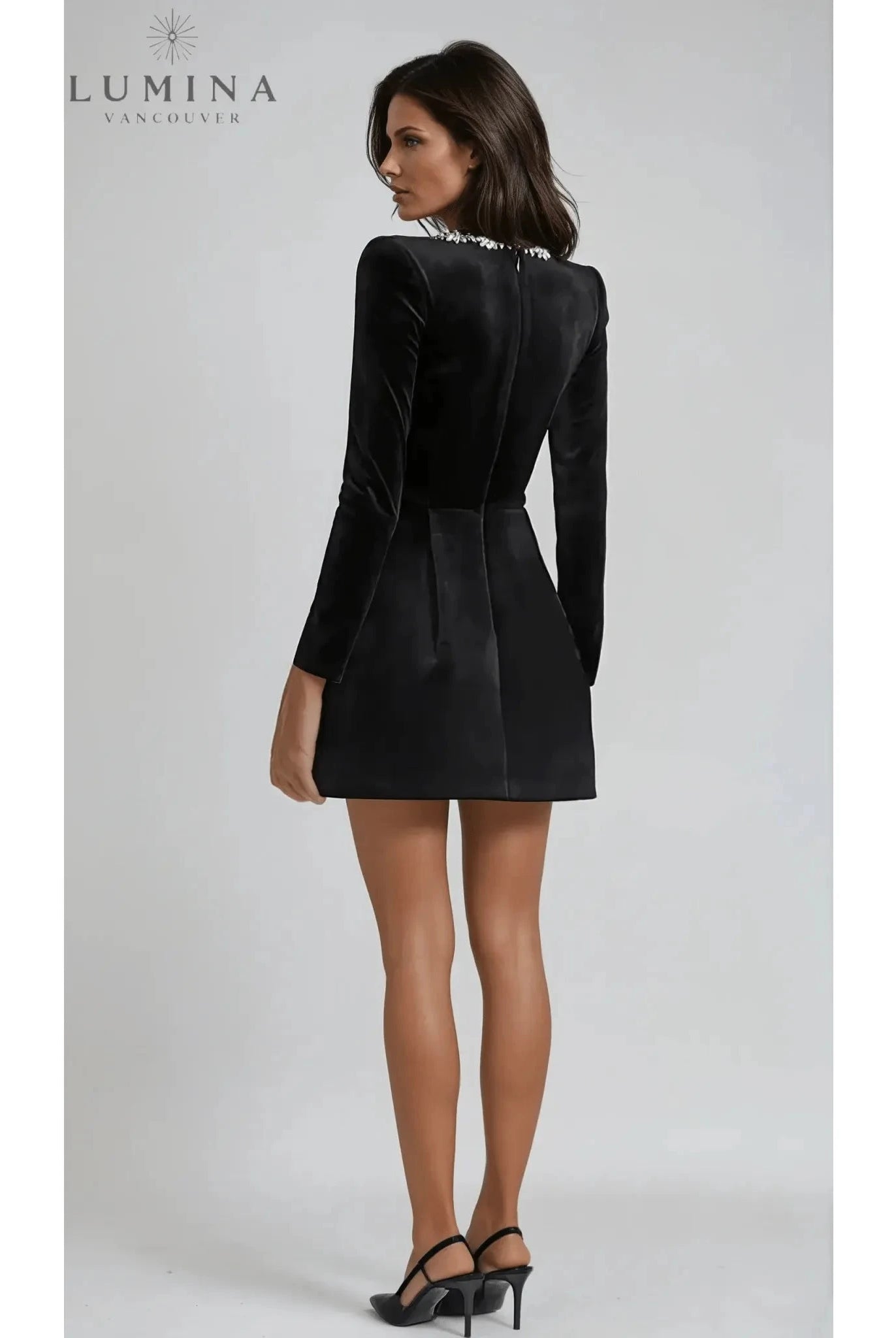 Black Garance Mini Dress from Lumina Wear's Isabeau Collection, a stylish evening dress perfect for wedding guests.