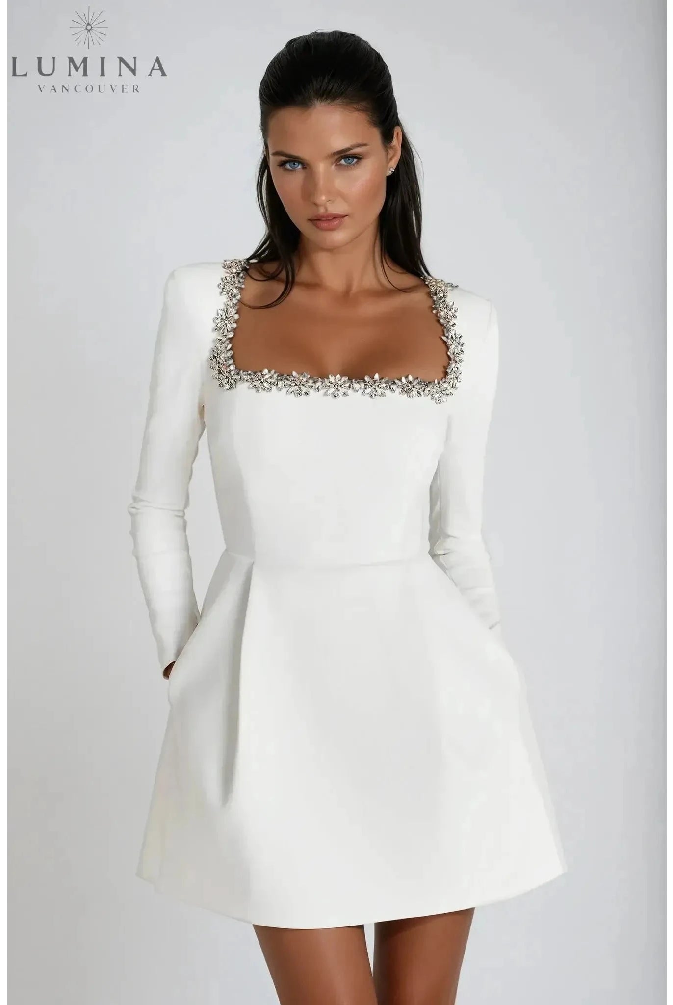 Black Garance Mini Dress from Lumina Wear's Isabeau Collection, a stylish evening dress perfect for wedding guests.
