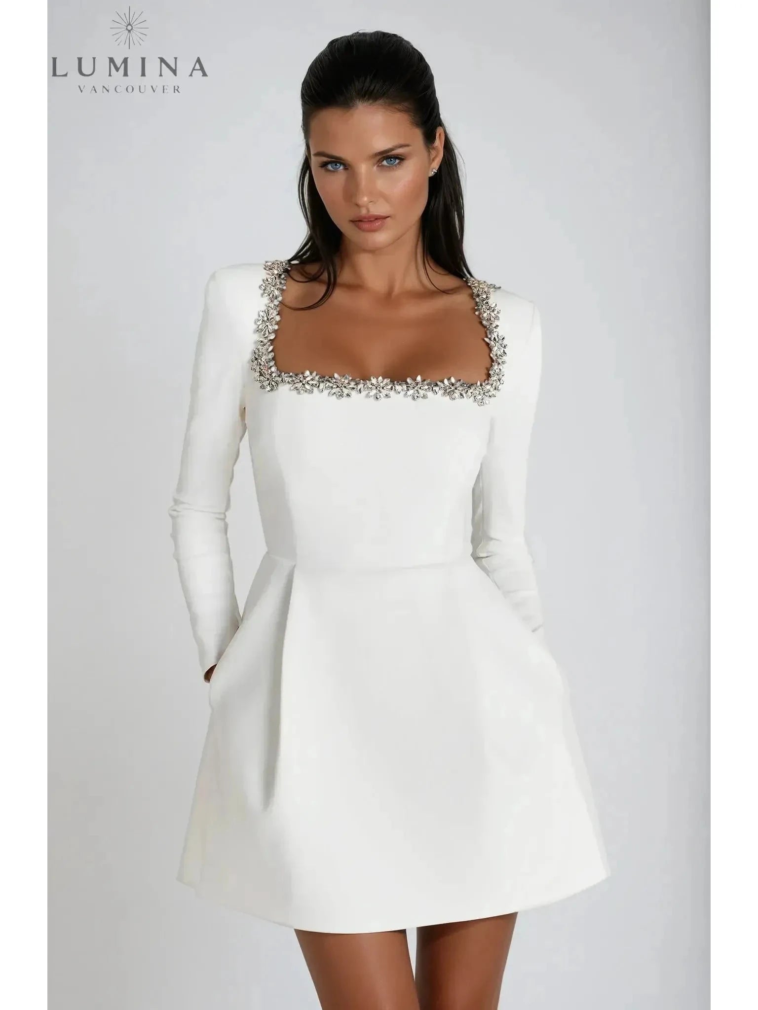 Black Garance Mini Dress from Lumina Vancouver Isabeau Collection, designed as a stylish wedding guest dress with elegant detailing.