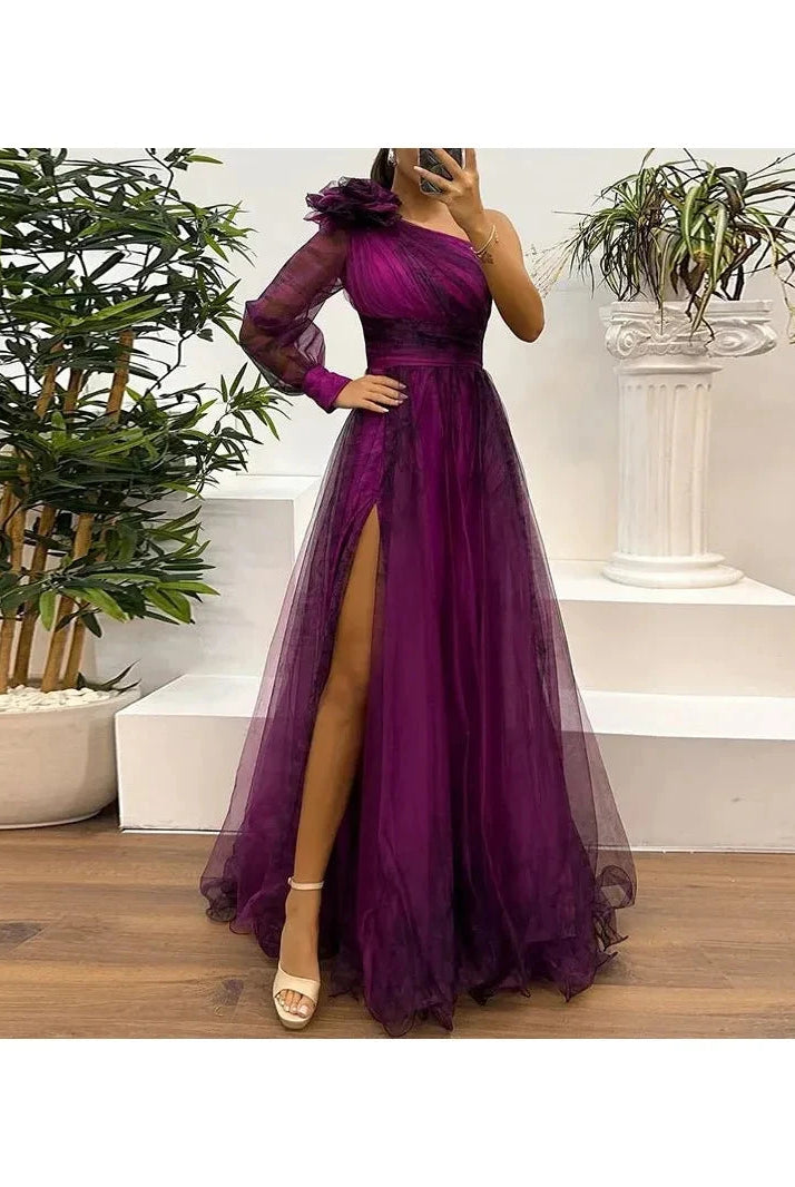 Judith - Trendy One Shoulder Mesh Print Maxi Dress