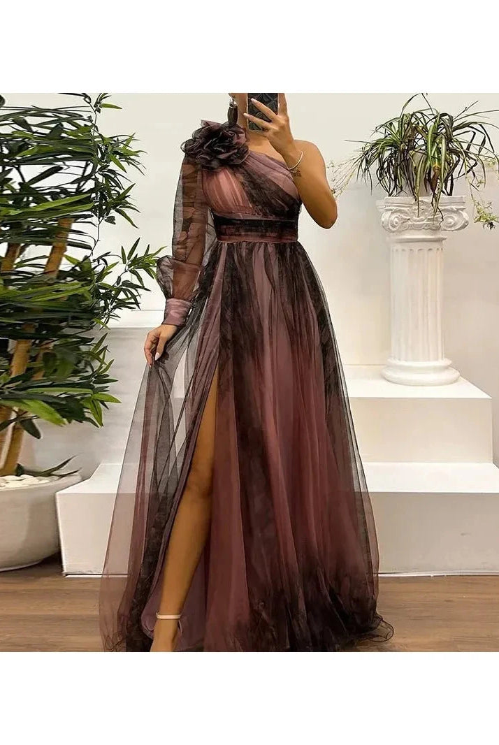Judith - Trendy One Shoulder Mesh Print Maxi Dress