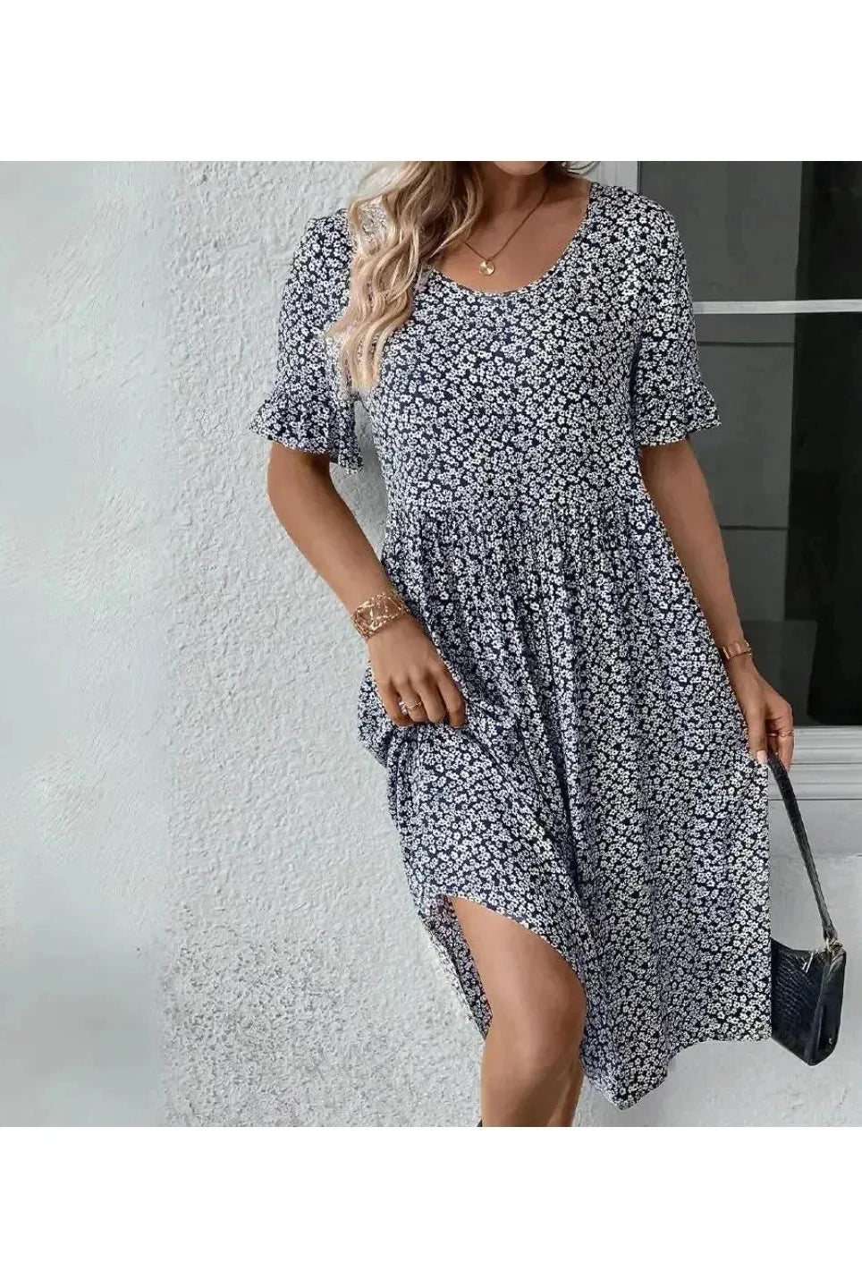 Blue floral printed casual dress by Lumina Wear, featuring a relaxed fit and elegant floral pattern on lightweight fabric.