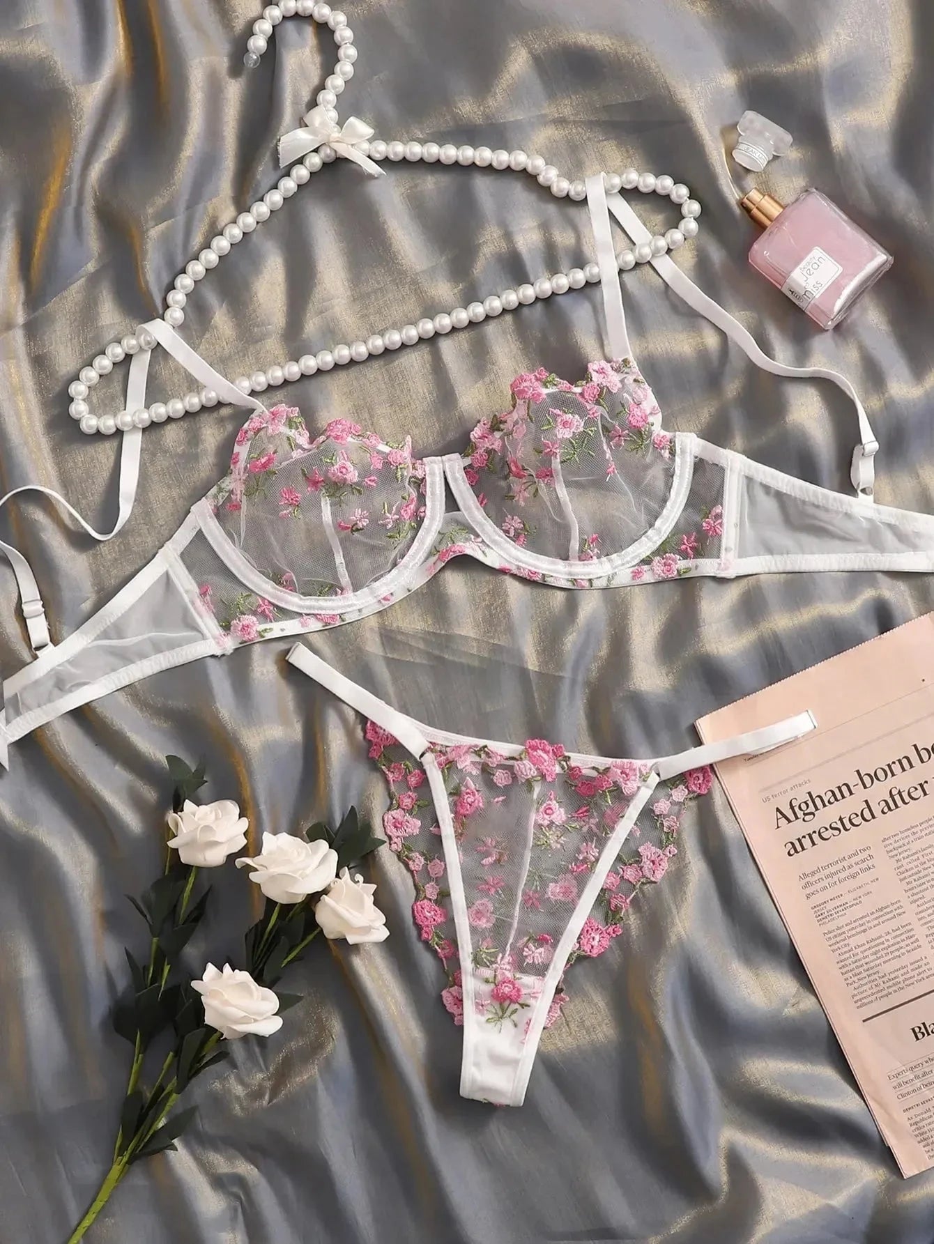 Light pink Juliet floral lingerie set by Lumina Vancouver featuring delicate lace and soft fabric, casual style for comfortable wear.