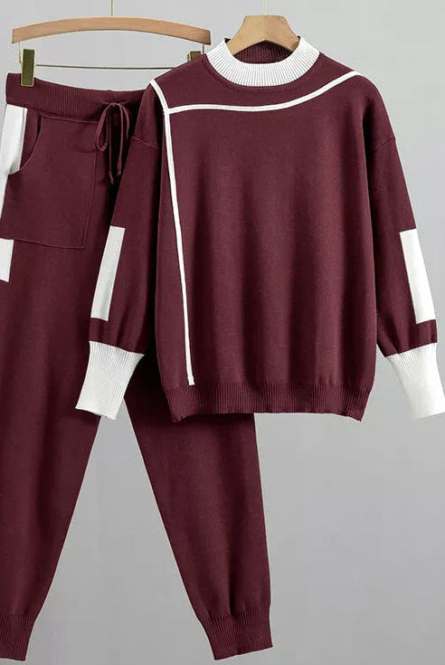 Kaitlyn Lumina Wear relaxed chic lounge set with modern accents, featuring a stylish red loungewear outfit for comfortable fashion.