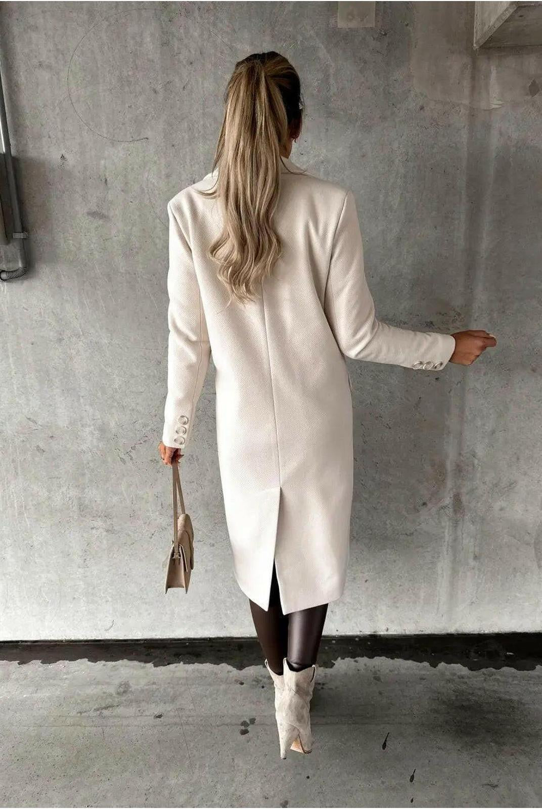 Long khaki woolen coat for women from Lumina Vancouver's Kate collection, featuring a sleek, fitted design.