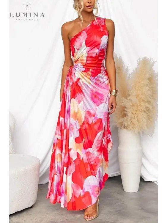 Pink and red Katie pleated summer dress by Lumina Vancouver, perfect for wedding guests, shown in XS size.