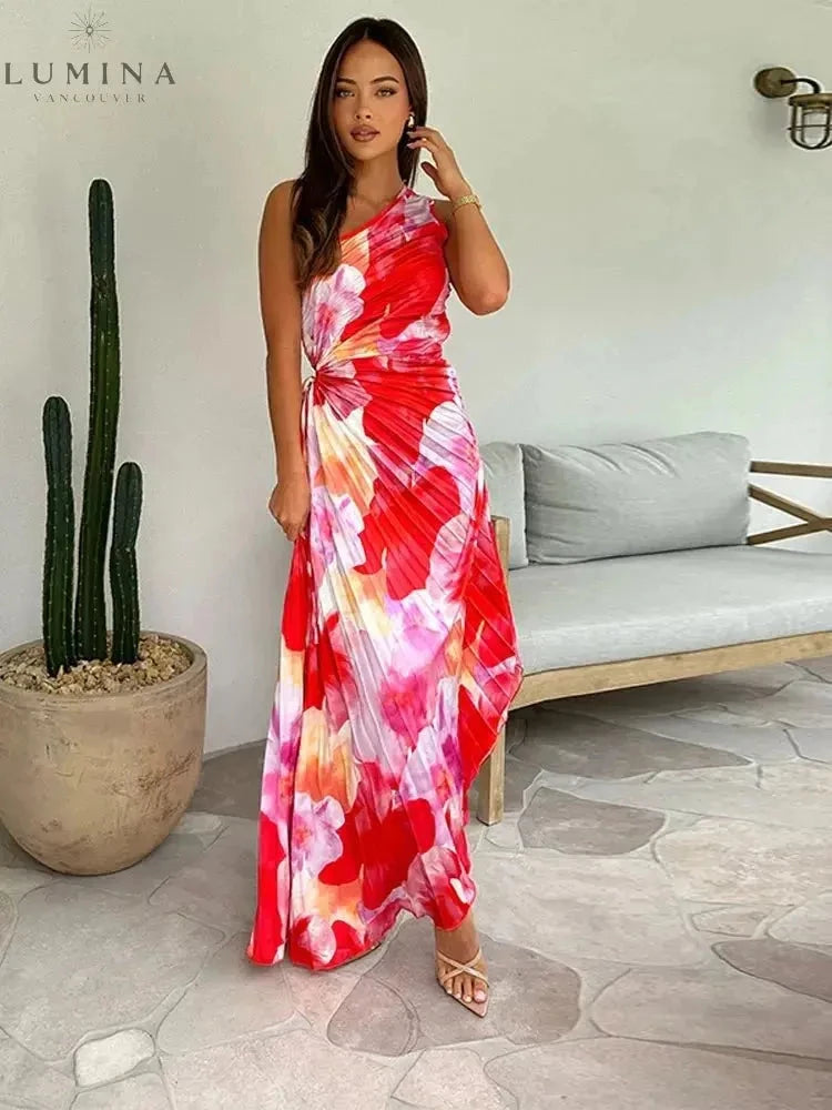 Pink and red Katie pleated summer dress by Lumina Vancouver, perfect for wedding guests, shown in XS size.