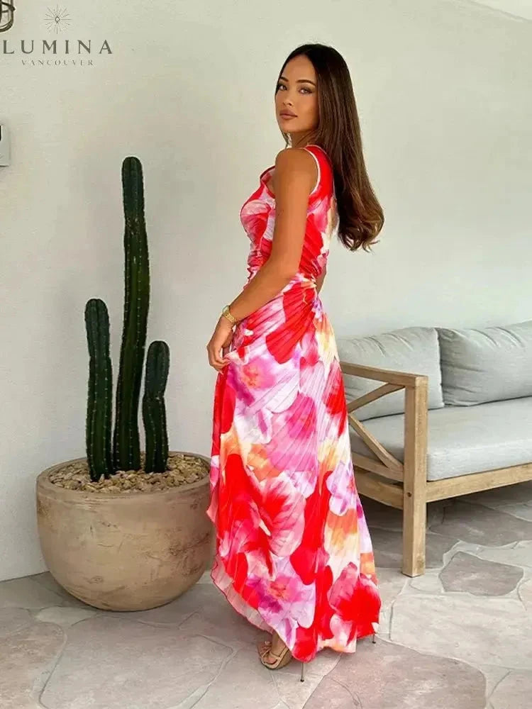 Pink and red Katie pleated summer dress by Lumina Vancouver, perfect for wedding guest occasions, shown in XS size.