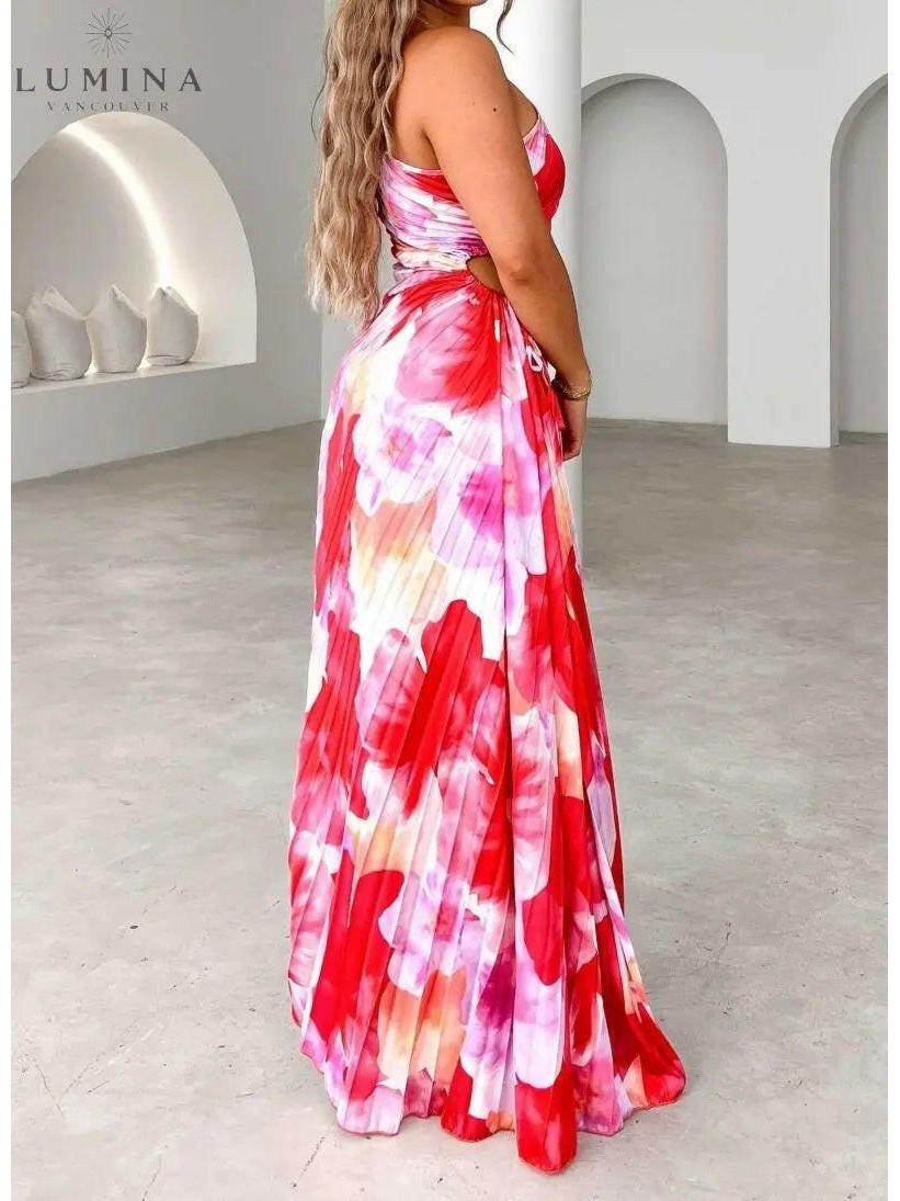 Pink and red Katie pleated summer dress by Lumina Vancouver, perfect for wedding guests, shown in XS size.