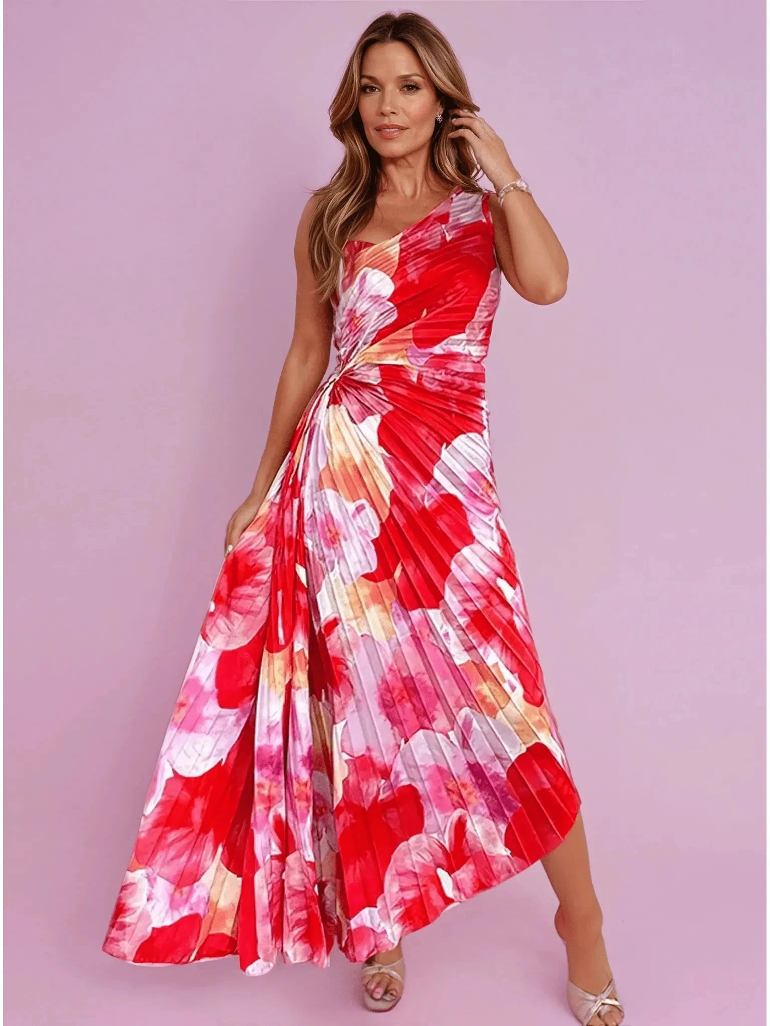 Pink and red Katie pleated summer dress by Lumina Vancouver, perfect for wedding guests, with a flowy, elegant design.
