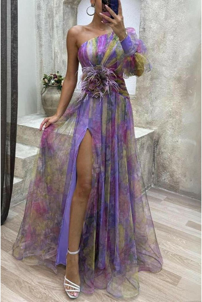 Purple KAYLA™ one-shoulder floral maxi dress by Lumina Vancouver, featuring a flowy, elegant design for special occasions.