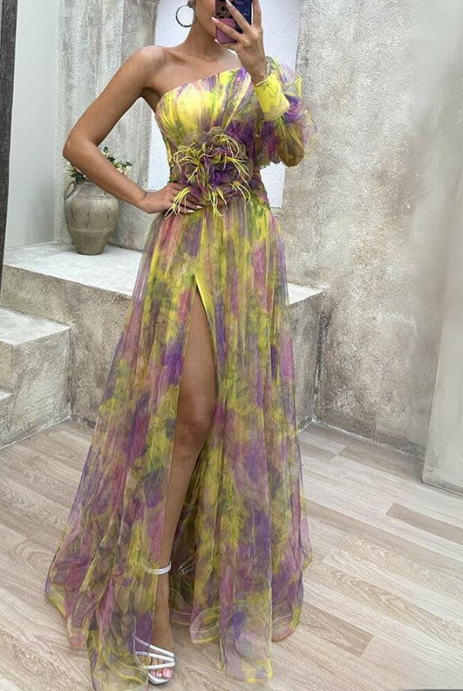 Purple KAYLA™ one-shoulder floral maxi dress by Lumina Vancouver, flowing fabric with elegant design in a full-length view.