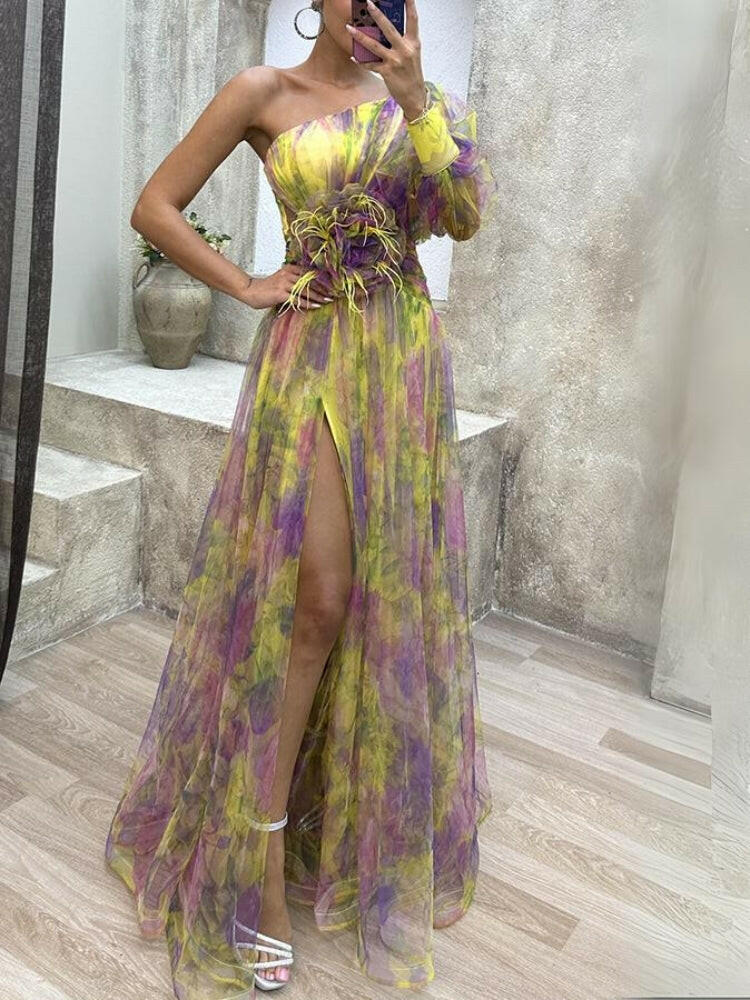 Purple KAYLA™ one-shoulder floral maxi dress by Lumina Vancouver, flowing fabric with elegant design in a full-length view.