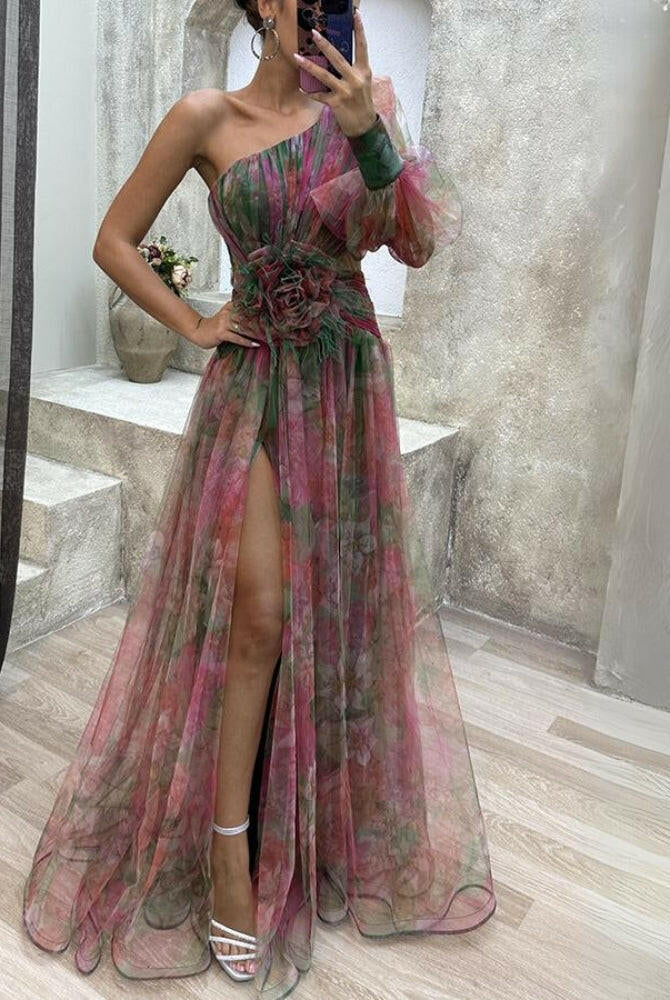 Purple KAYLA™ one-shoulder floral maxi dress by Lumina Vancouver, flowing fabric and elegant design perfect for summer occasions.