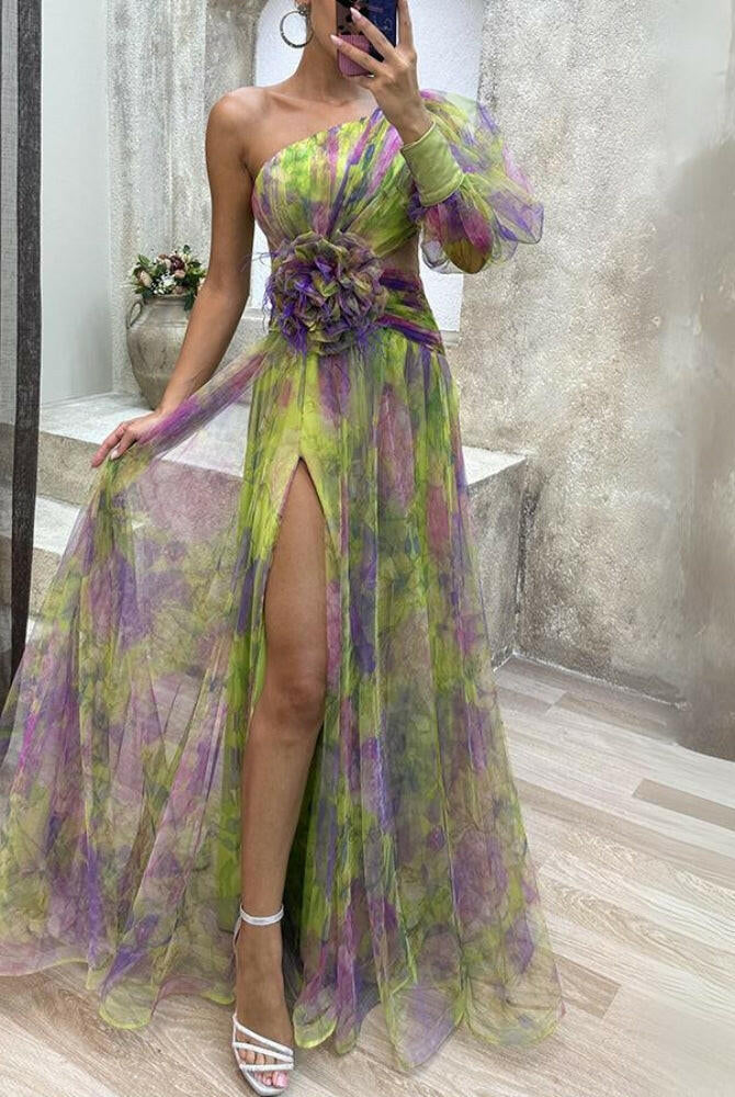 Lumina Vancouver KAYLA™ one-shoulder floral maxi dress in purple, flowing fabric, elegant design for special occasions