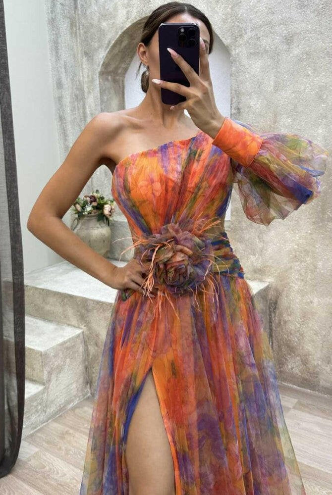 Purple KAYLA™ one-shoulder floral maxi dress by Lumina Vancouver, flowing fabric and elegant design, perfect for summer events.