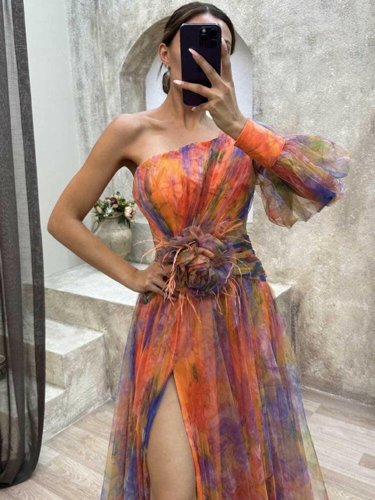 Purple KAYLA™ one-shoulder floral maxi dress by Lumina Vancouver, flowing fabric and elegant design, perfect for summer events.