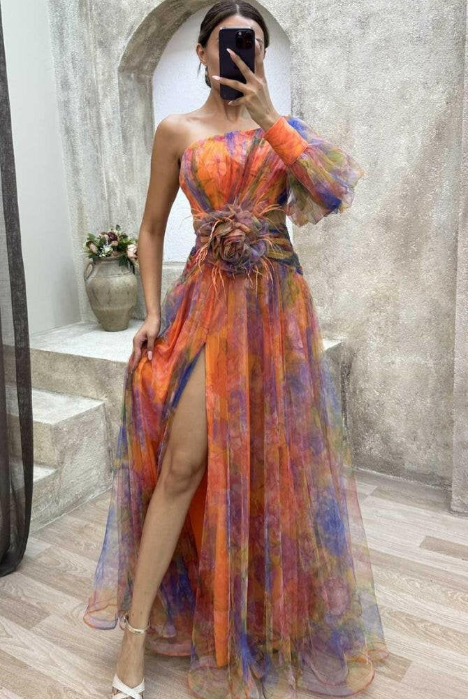 Purple KAYLA™ one-shoulder floral maxi dress by Lumina Vancouver, flowing fabric and elegant design for summer occasions.