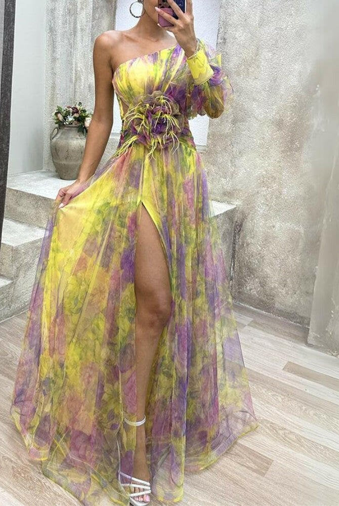 KAYLA™ one-shoulder floral maxi dress by Lumina Vancouver in purple, flowing fabric with a stylish shoulder design.