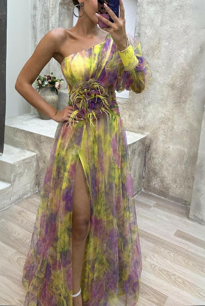 Lumina Vancouver KAYLA™ one-shoulder floral purple maxi dress, flowing design, perfect for summer occasions.
