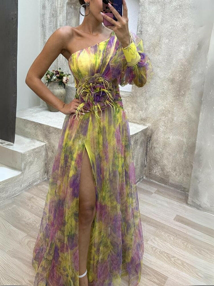 Lumina Vancouver KAYLA™ one-shoulder floral purple maxi dress, flowing design, perfect for summer occasions.