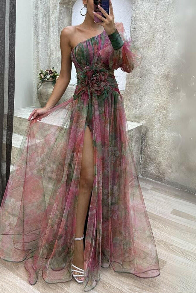 Purple KAYLA™ one-shoulder floral maxi dress by Lumina Vancouver, flowing fabric and elegant design for summer occasions.