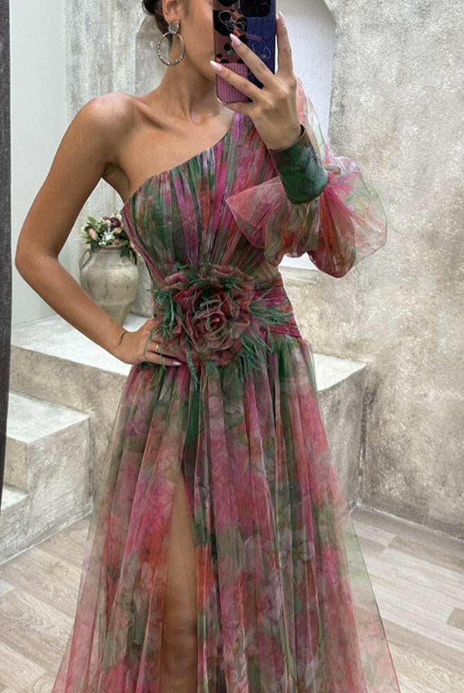 Purple KAYLA™ one-shoulder floral maxi dress by Lumina Vancouver, flowing fabric and elegant design for summer occasions.