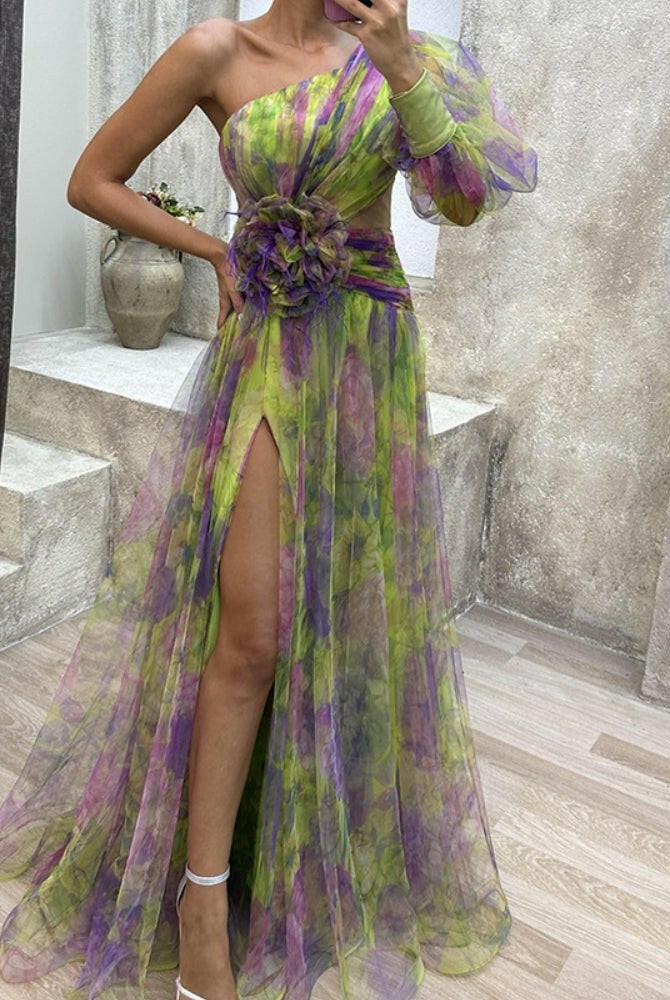 KAYLA™ one-shoulder floral maxi dress in purple by Lumina Vancouver, featuring a flowing silhouette and elegant floral pattern.