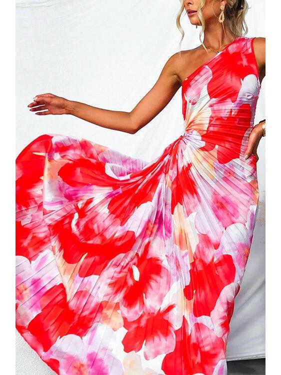 Red Kelsey pleated summer dress by Lumina Vancouver, stylish wedding guest attire with elegant pleats and a flattering fit.