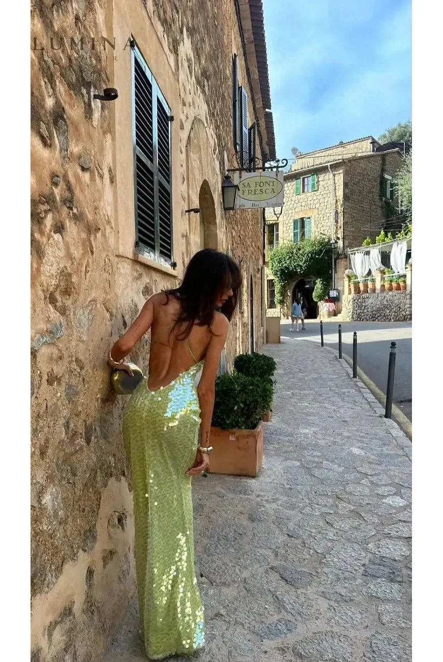 Lumina Wear Kendal sequins maxi dress for girls, elegant evening wear with shimmering sequins and flowing fabric.