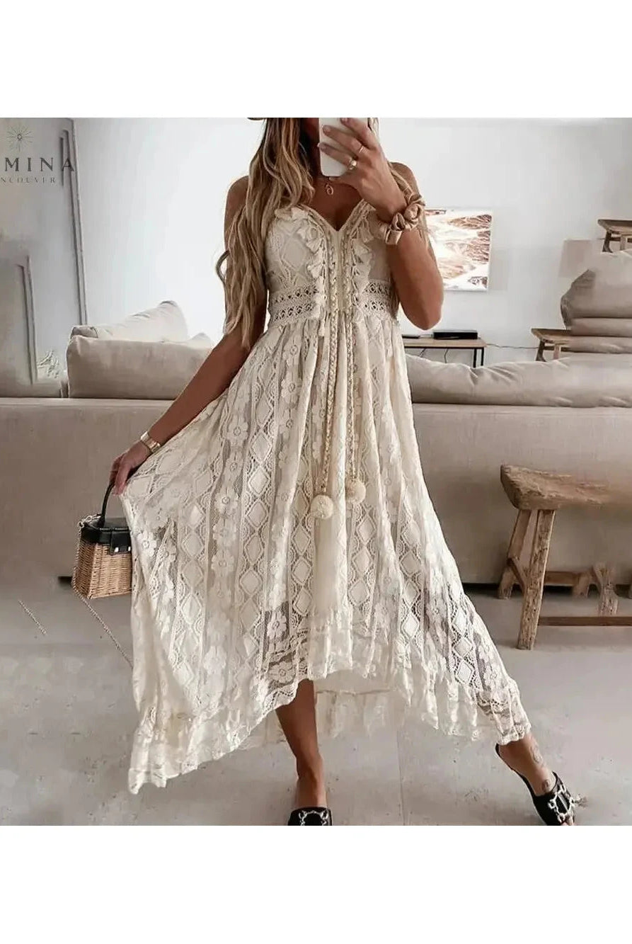 Beige Manon boho dress by Lumina Wear featuring flowing fabric and relaxed fit, perfect for casual or holiday style.