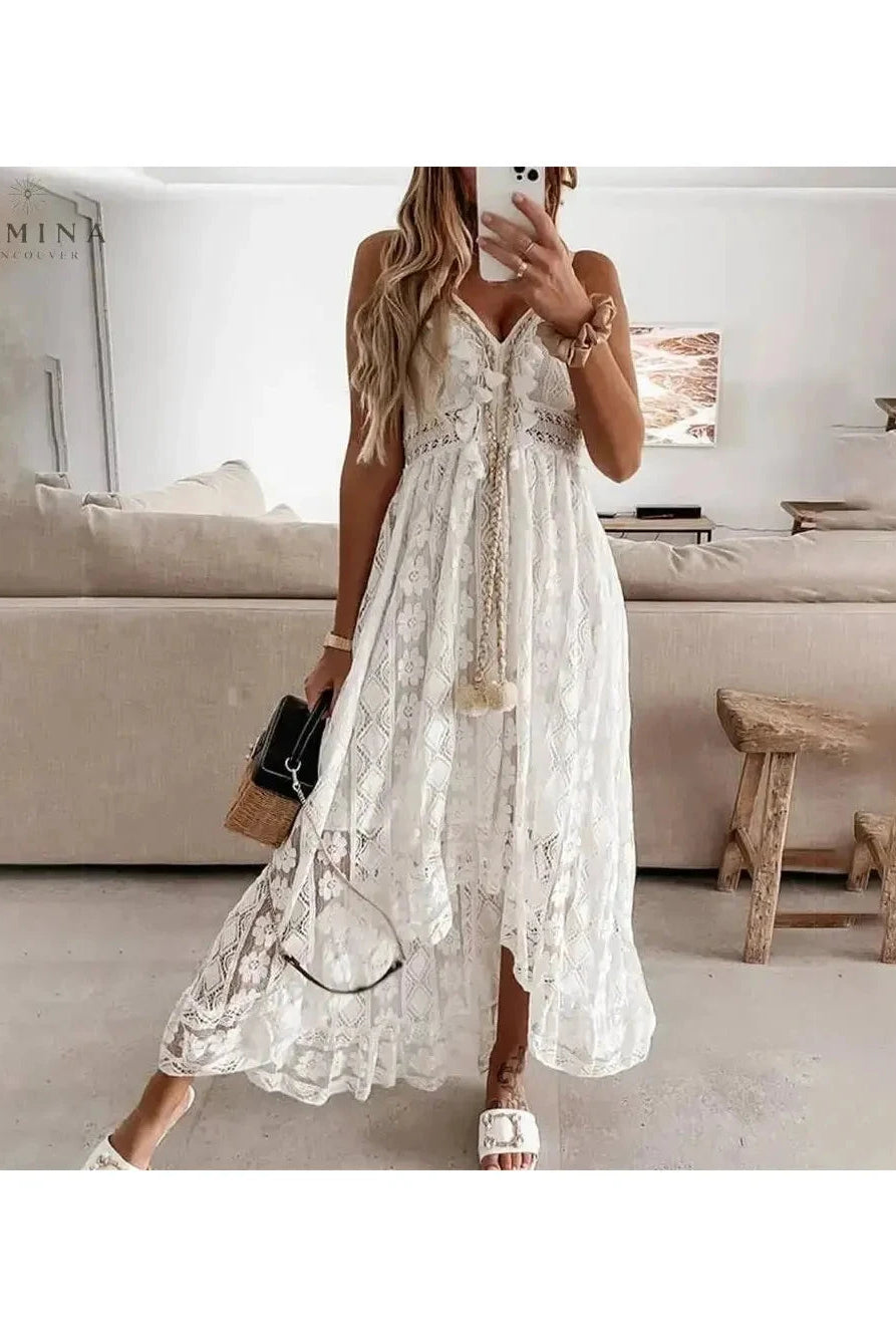 Beige Manon boho dress by Lumina Wear featuring flowing fabric and relaxed fit, perfect for summer and holiday occasions.