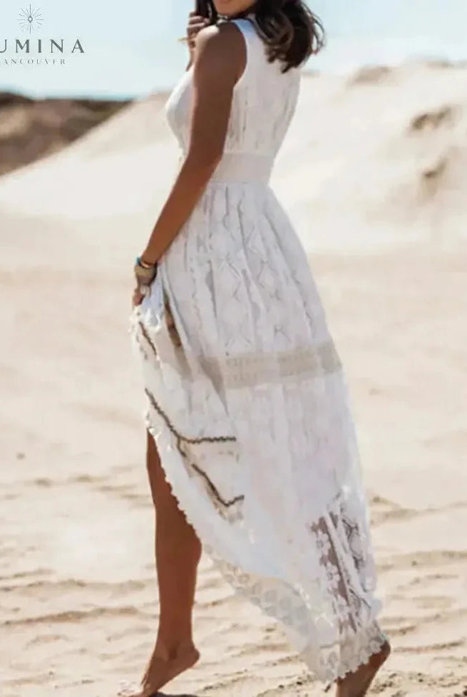 Beige Manon boho dress by Lumina Wear, featuring flowing fabric and stylish design, perfect for holiday and casual wear.