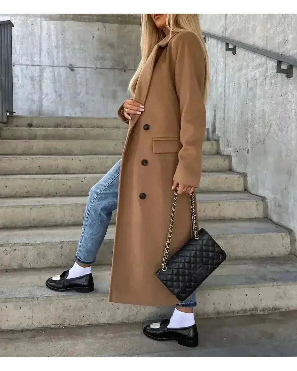 Beige Lumina Wear Kim double-breasted wool coat with tailored fit, stylish lapels, and classic design, perfect for sophisticated winter wear.