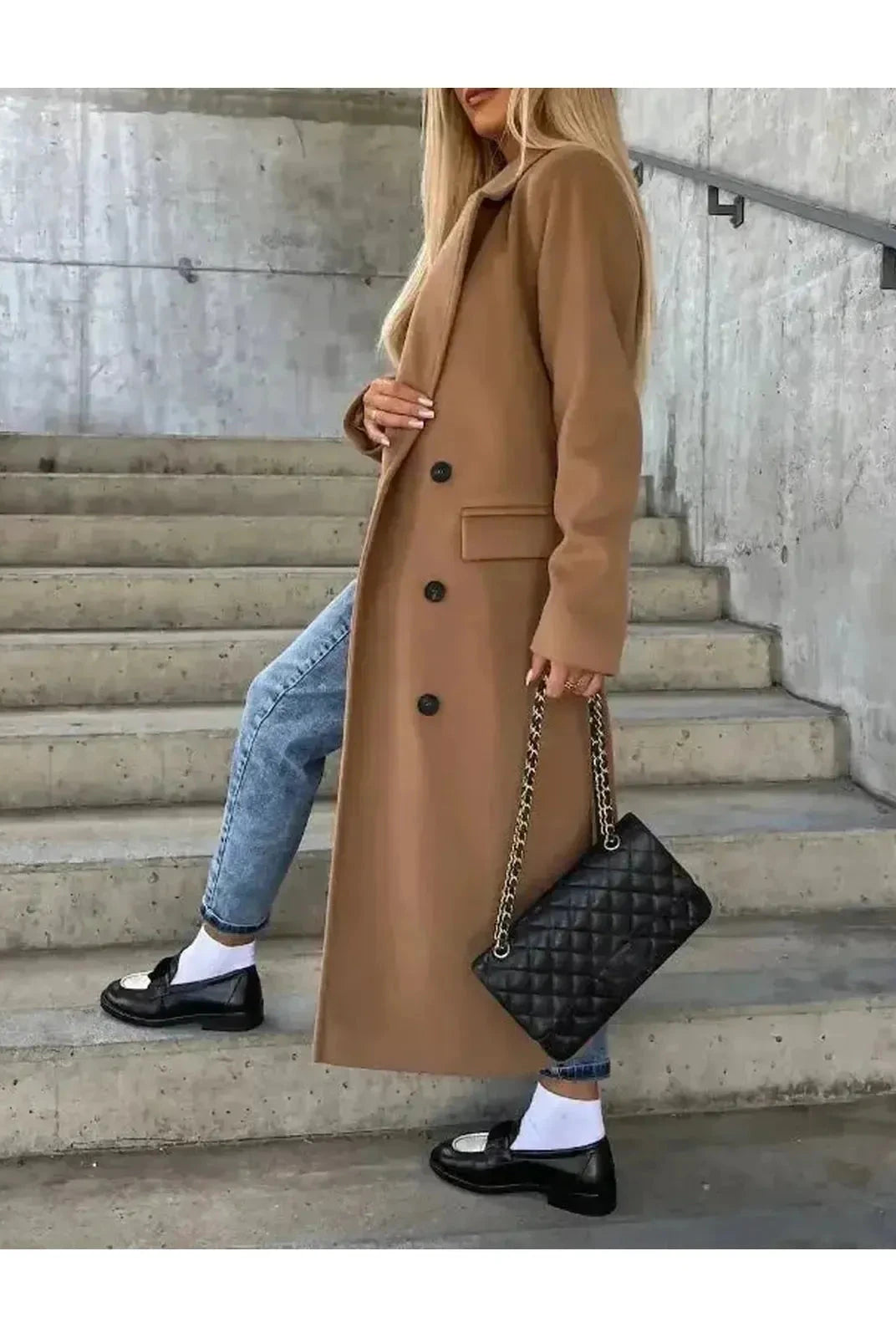 Beige Lumina Vancouver Kim double-breasted wool coat with elegant tailored fit, showcasing lapel collar and button details.