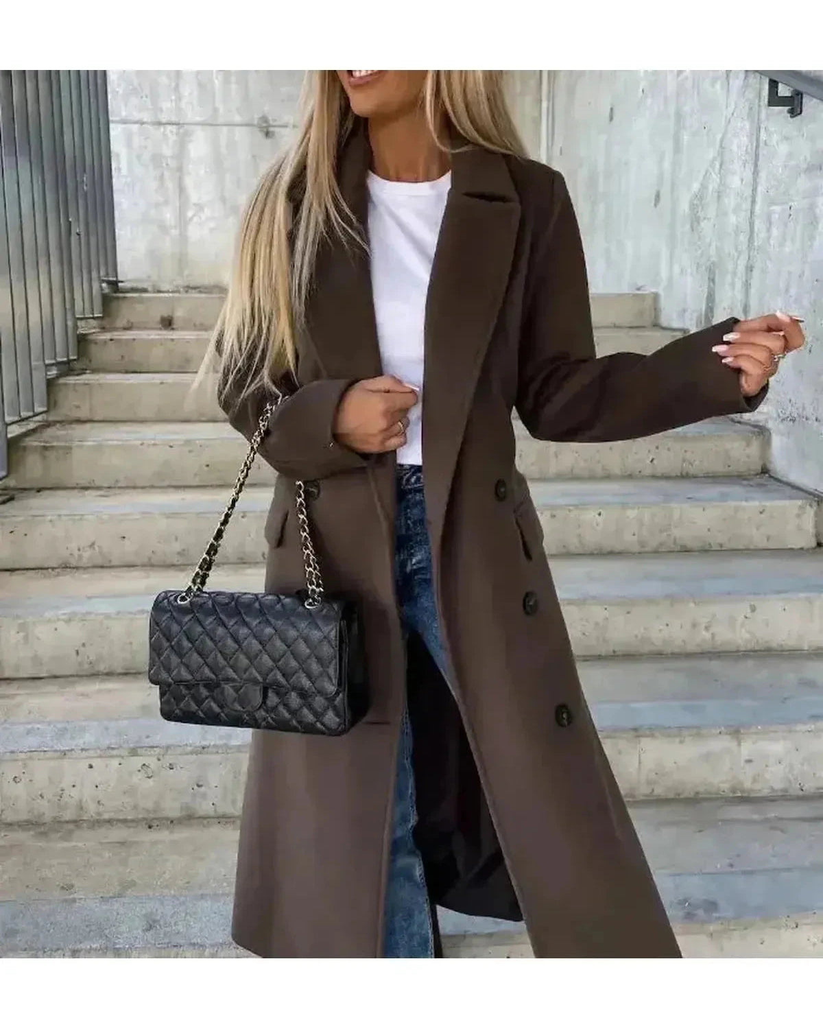 Beige Lumina Wear Kim double-breasted wool coat displayed on a hanger, featuring a stylish, elegant design.