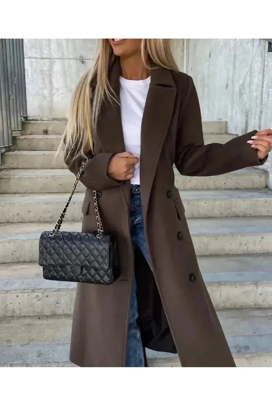 Beige Lumina Vancouver Kim double-breasted wool coat with elegant design and tailored fit, shown on a model.