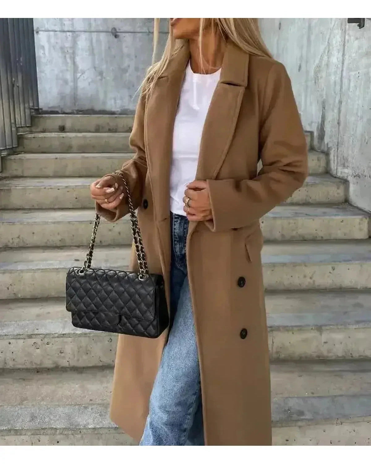 Beige Lumina Wear Kim double-breasted wool coat featuring a tailored fit and classic design, shown on a model.