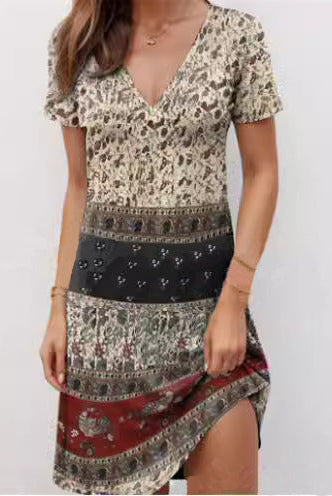 Green Kira mini dress by Lumina Vancouver featuring relaxed fit and patchwork boho style, perfect for casual wear.