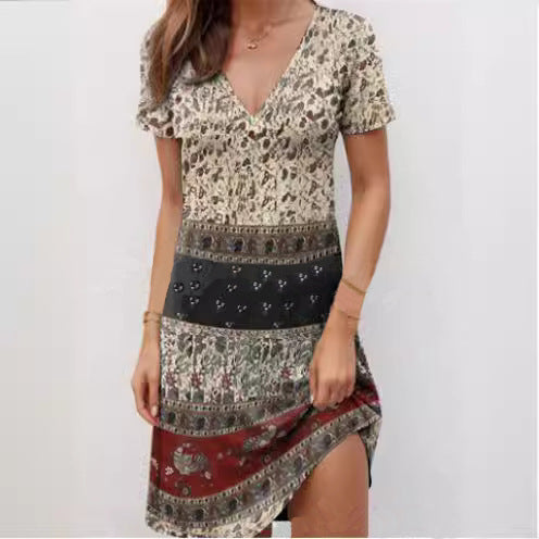 Green Kira mini dress by Lumina Vancouver featuring relaxed fit and patchwork boho style, perfect for casual wear.