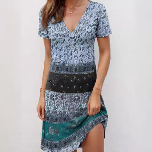 Green Kira mini dress by Lumina Vancouver featuring a relaxed patchwork boho style, perfect for casual summer wear.