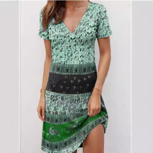 Green Kira mini dress by Lumina Vancouver featuring relaxed fit and boho patchwork design.
