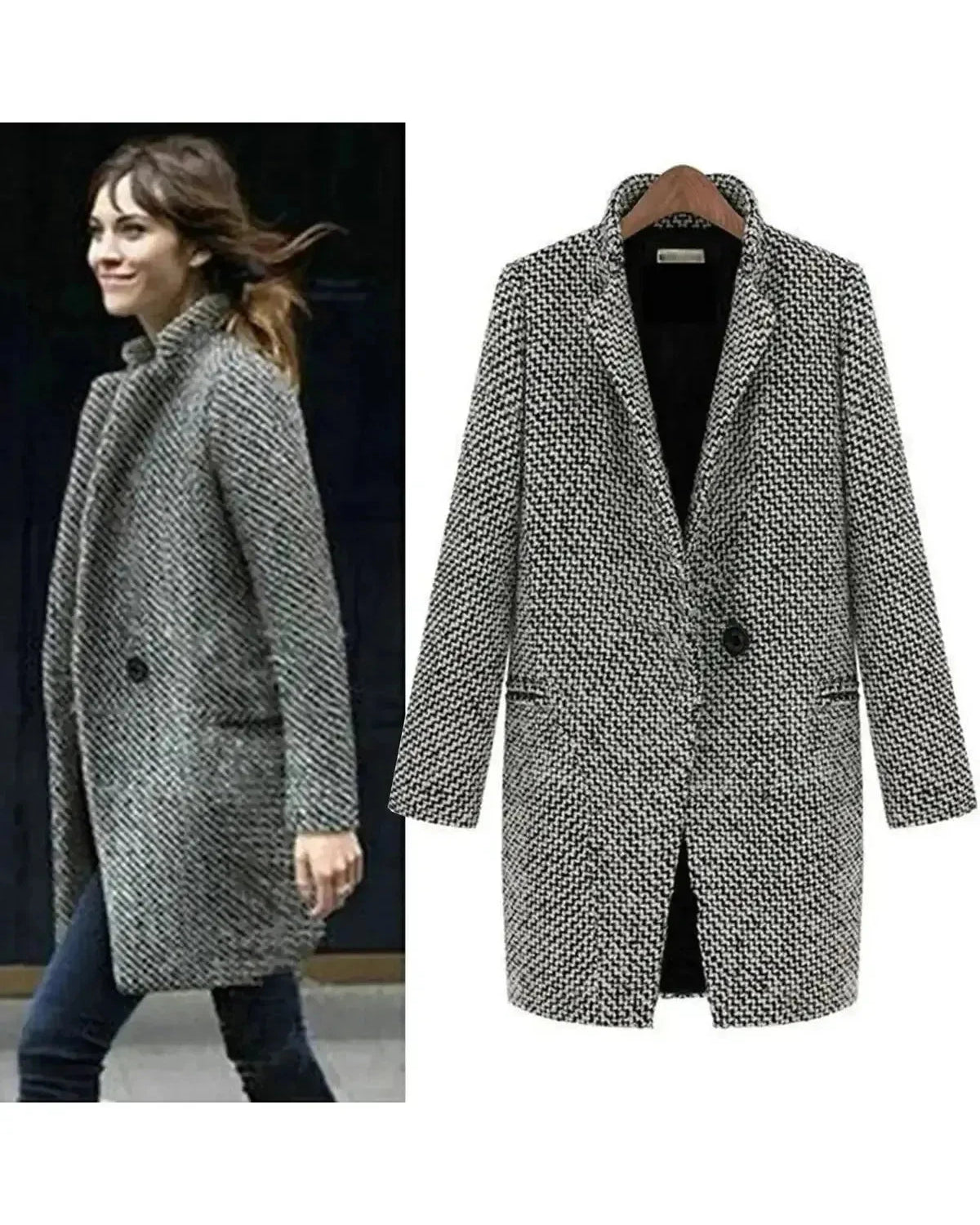 Elegant long wool coat by Lumina Wear featuring a tailored fit and classic design, shown in a neutral color.
