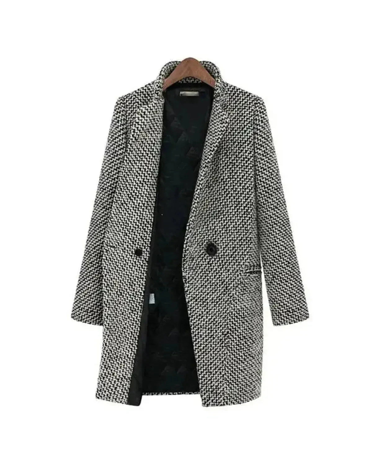 Elegant long wool coat by Lumina Wear, featuring a tailored fit and classic design in neutral tones.