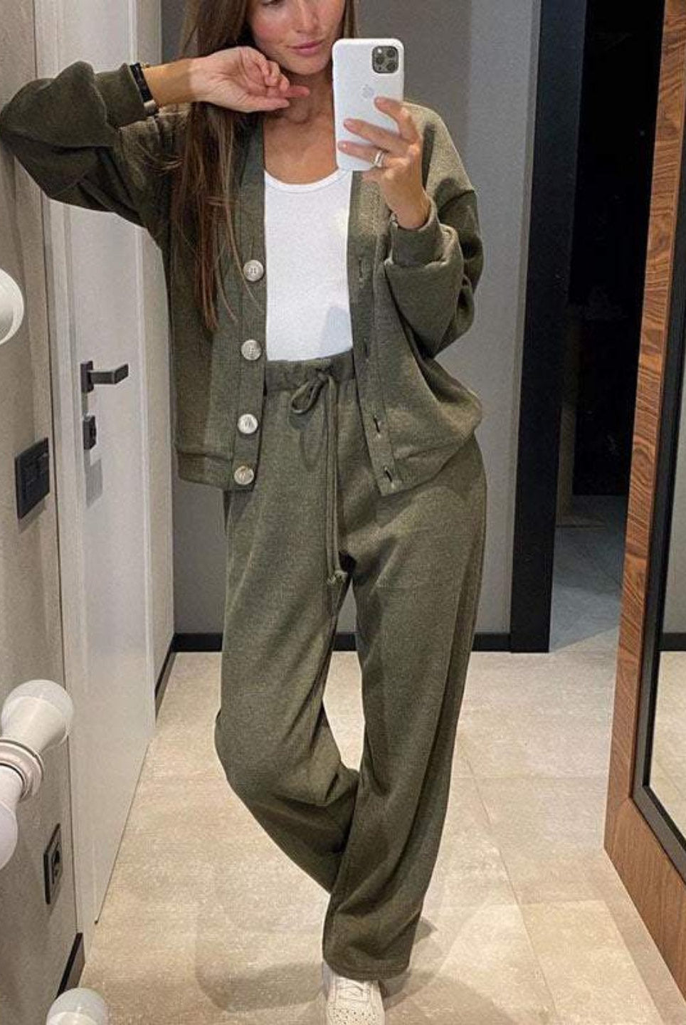 Kylie relaxed cardigan and drawstring pants set by Lumina Wear in green, featuring a cozy cardigan and comfortable matching pants for women.