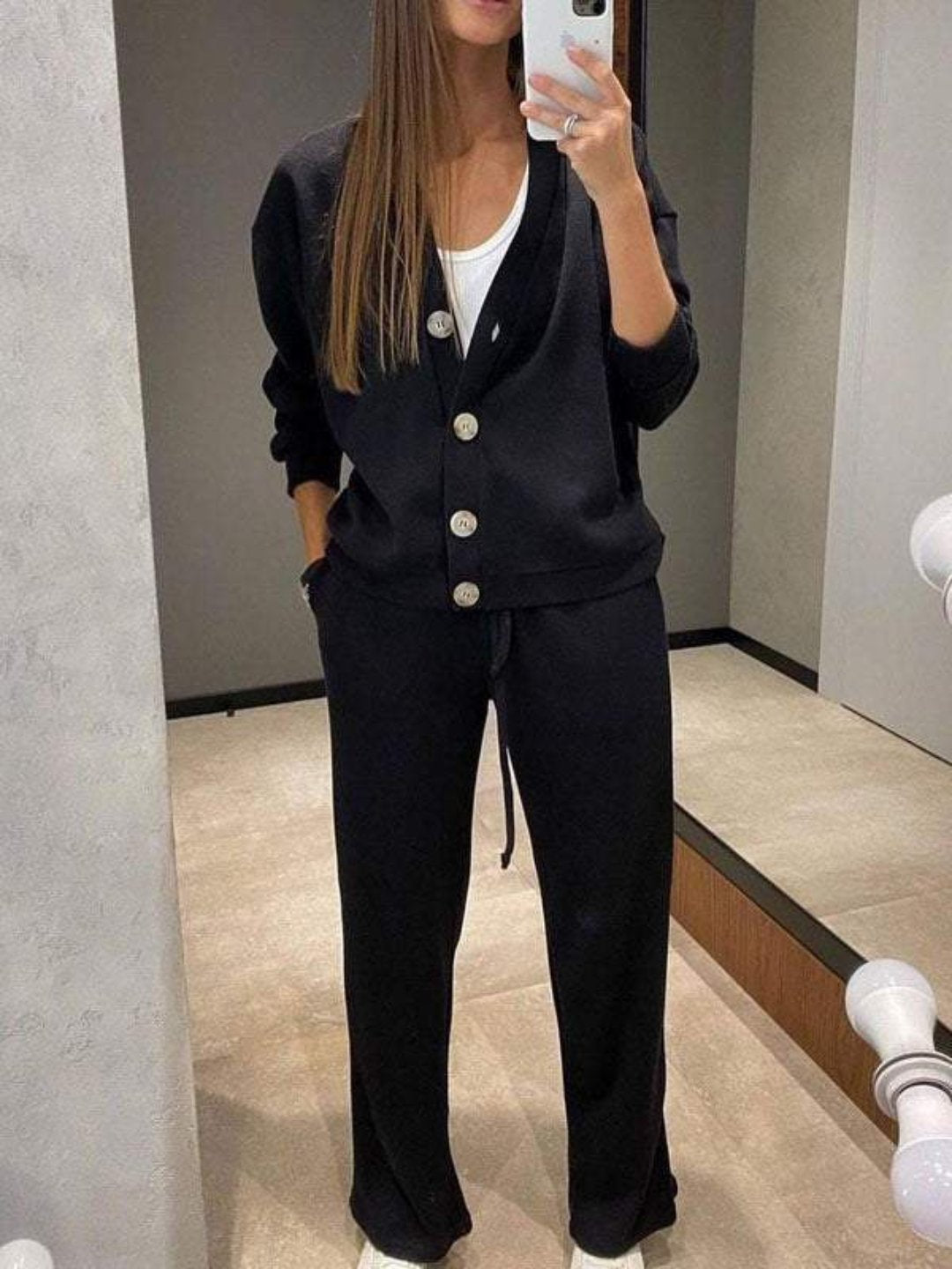 Kylie women's relaxed cardigan and drawstring pants set in green by Lumina Wear, casual and comfortable lounge outfit.