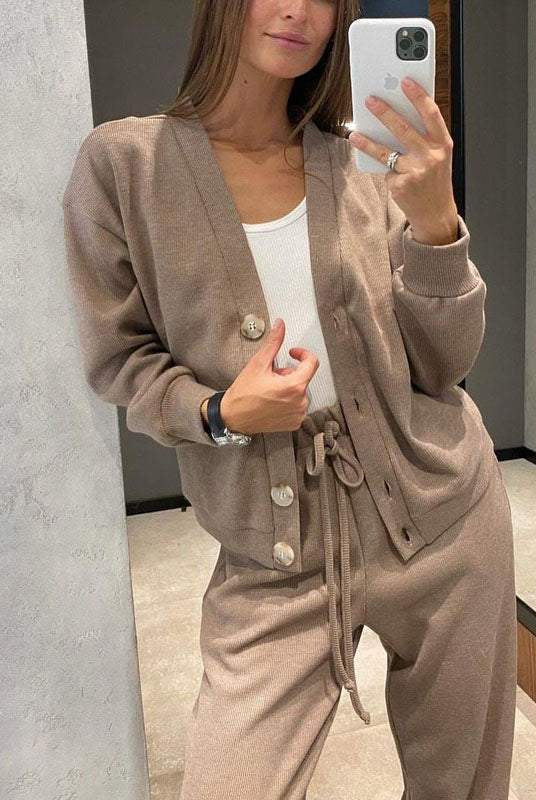 Kylie relaxed cardigan and drawstring pants set in green by Lumina Wear, women's casual loungewear with comfortable fit.