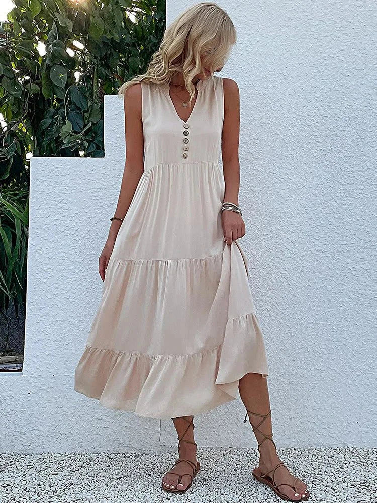 Wine red Laiza™ elegant summer dress by Lumina Vancouver, showcasing lightweight fabric and stylish design perfect for warm weather.